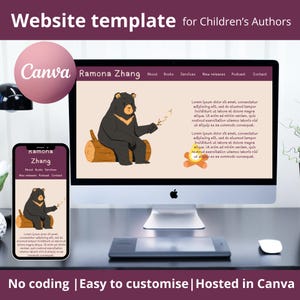 May include: A website template for children's authors, shown on a desktop computer and a smartphone. The design includes a cartoon bear on a log. The Canva logo is present, along with the text "No coding | Easy to customise | Hosted in Canva."
