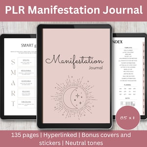May include: A digital planner with a pink background and a moon and stars design. The planner is titled "Manifestation Journal" and includes a section for SMART goals, templates, and planning. The planner is 8.5 inches by 11 inches and has 135 pages.
