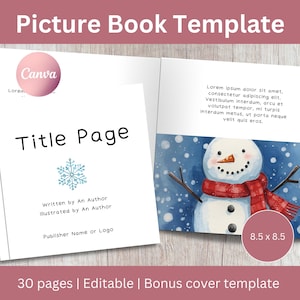 May include: A picture book template with a title page and a snowman illustration. The title page reads "Title Page" with space for author and publisher details. The right page features a snowman with a red scarf. The book size is 21.6 x 21.6 cm.