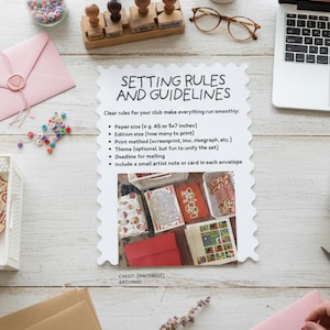 May include: A flat lay image of stationery supplies on a white wooden surface. Includes a laptop, glasses, stamps, envelopes, and a document titled "Setting Rules and Guidelines". The document lists rules for a club, including paper size, edition size, and print method.