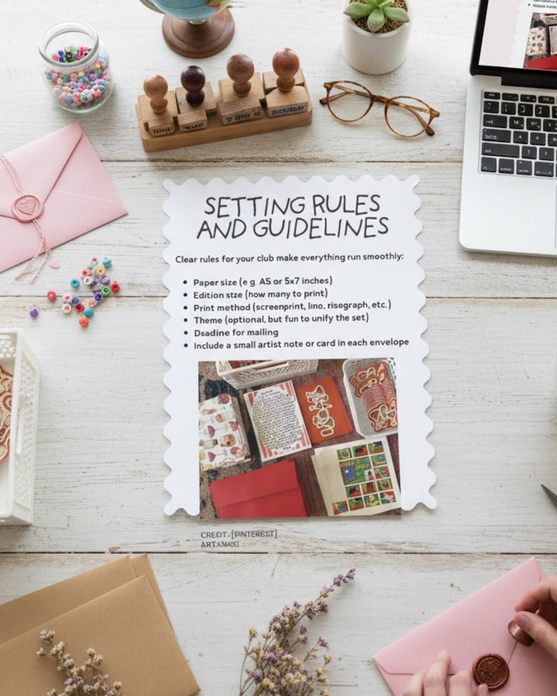 May include: A flat lay image of stationery supplies on a white wooden surface. Includes a laptop, glasses, stamps, envelopes, and a document titled "Setting Rules and Guidelines". The document lists rules for a club, including paper size, edition size, and print method.