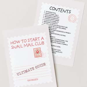 May include: Two light pink booklets with scalloped edges. One booklet reads "How to Start a Snail Mail Club" and "Ultimate Guide" with a postage stamp graphic. The other booklet lists the "Contents" of the guide.