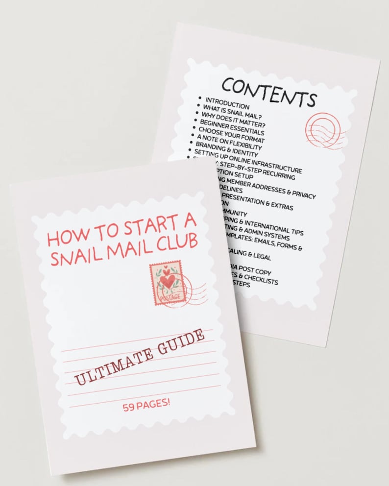 May include: Two light pink booklets with scalloped edges. One booklet reads "How to Start a Snail Mail Club" and "Ultimate Guide" with a postage stamp graphic. The other booklet lists the "Contents" of the guide.