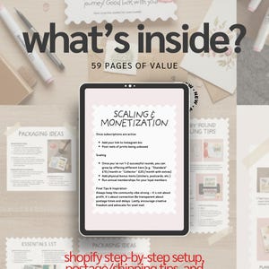 May include: A tablet displays "Scaling & Monetization" tips, surrounded by stationery and packaging ideas. The text "what's inside? 59 pages of value" is prominent. The image suggests e-commerce business resources.