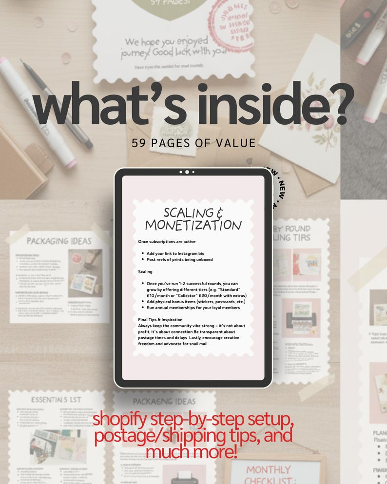 May include: A tablet displays "Scaling & Monetization" tips, surrounded by stationery and packaging ideas. The text "what's inside? 59 pages of value" is prominent. The image suggests e-commerce business resources.