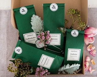 Tee Geschenkset mit Kräutertees & Teefilter | Valentinstag Geschenkbox für Freundin | Teegeschenk für Teeliebhaber