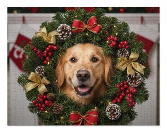 Holiday Jigsaw Puzzles - Golden Retriever Christmas Wreath | Holiday Dog Puzzle