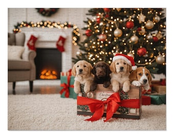 May include: Four adorable puppies in a wooden box with a red bow, in front of a Christmas tree. One puppy wears a Santa hat. The box has the word "Christmas" on it. The background includes a fireplace and Christmas decorations.
