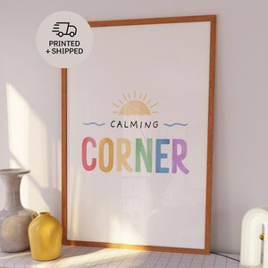 Arte de pared con rincón relajante de arcoíris, impresión relajante de puesta de sol para niños, póster de habilidades de afrontamiento para niños, decoración divertida con técnicas de relajación para preescolar