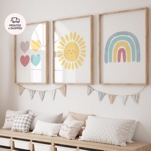 Regenbogen 3er Set Kinderzimmer Drucke, Mädchen Boho Spielzimmer Wandkunst, niedliche Pastell Aquarell Baby Illustrationen, Geschenk für Mutter, Sonne Dekor