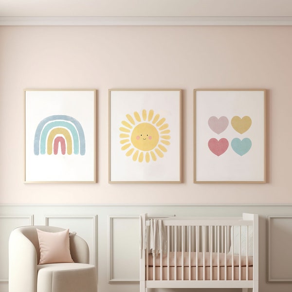 Cute Pastel Rainbow, Sun, Hearts, Set of 3 Prints, Nursery Art, Nursery Art Print, Girl Nursery Printable, Baby Wall Art, Instant Printable