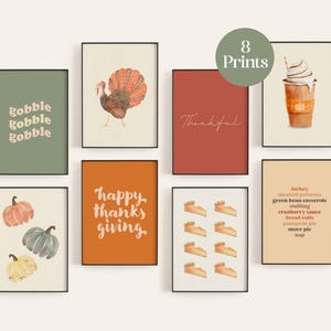 8 Danksagungs-Drucke, Herbst Feiertage Sofort-Downloads, handgezeichnete Herbst Plakate, festliches Familienessen Wandkunst, November Ausdrucke