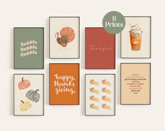 Lot de 8 affiches pour Thanksgiving, téléchargements instantanés pour les fêtes d'automne, posters d'automne dessinés à la main, décorations murales pour un dîner de famille festif, imprimables de novembre