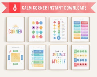 Könnte beinhalten: Acht druckbare Poster für eine ruhige Ecke. Die Poster zeigen farbenfrohe Illustrationen und Text, darunter "Calming Corner", "Feelings", "How Are You Feeling", "It's Ok To", "Square Breathing", "5-4-3-2-1 Grounding Technique", "This Is A Safe Space To Be Myself" und "Feeling Zone".