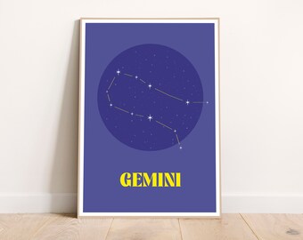 Gemini, Zodiac Print Poster, Yellow & Blue, Zodiac Colors, Zodiac Sign, Astrology Print, Digital Art, Digital Print, Zodiac Gift, Wall Decor