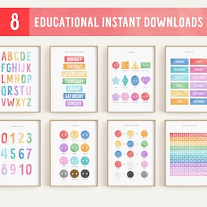 8 paquetes de materiales imprimibles para la educación en el hogar, carteles educativos divertidos y coloridos, impresiones descargables para el aula de los niños, arte de pared para la sala de juegos de preescolar para niños pequeños
