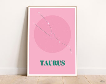 Taurus, Zodiac Print Poster, Green & Pink, Zodiac Colors, Zodiac Sign, Astrology Print, Digital Art, Digital Print, Zodiac Gift, Wall Decor