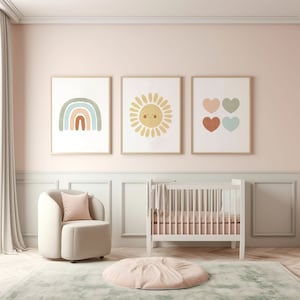 Cute Boho Rainbow, Sun, Hearts, Set of 3 Prints, Nursery Art, Nursery Art Print, Girl Nursery Printable, Baby Wall Art, Instant Printable