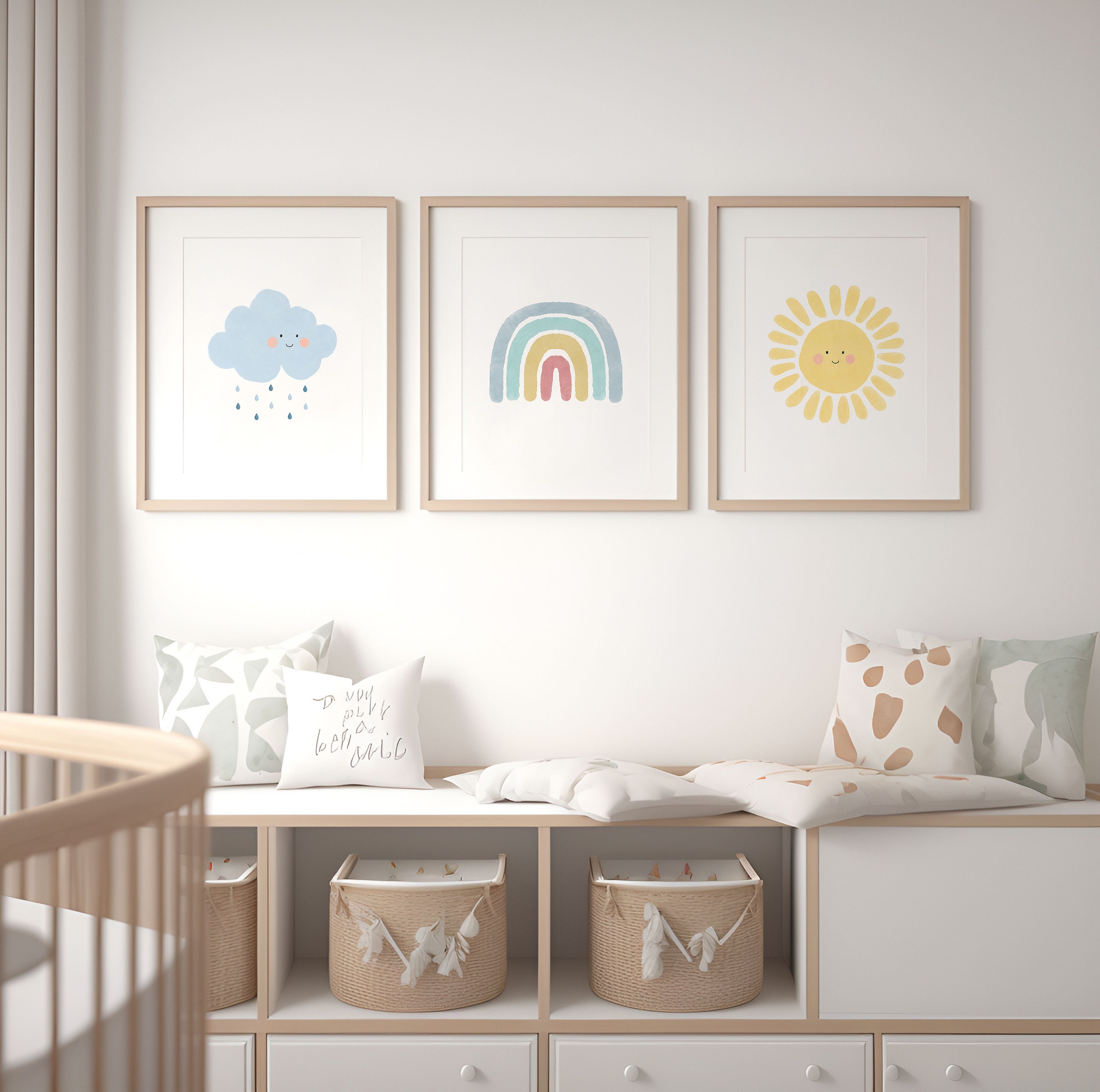Cute Pastel Rainbow, Sun, Cloud, Set of 3 Prints, Nursery Art, Nursery Art Print, Nursery