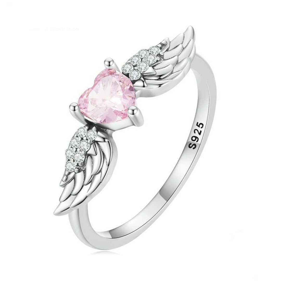 Pink Angel Wings Heart Ring 925 Sterling Silver Zircon Ring Etsy