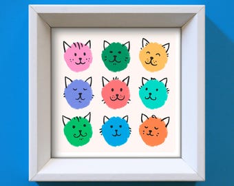 Colorful Cat Faces Art Print: Playroom Nursery Decor (Digital Download)