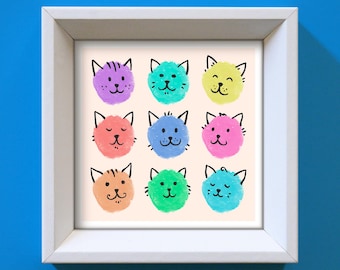 Colorful Cat Faces Art Print: Playroom Nursery Decor (Digital Download)