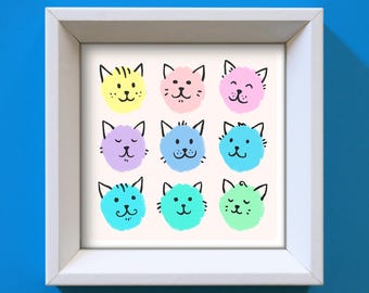 Colorful Cat Faces Art Print: Playroom Nursery Decor (Digital Download)