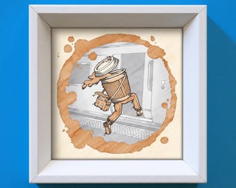 Funny Coffee Art Print: Spilled Coffee Commute - Office Decor