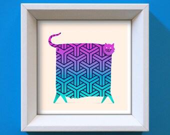 Geometric Cat Art Print: Purple & Blue Diamond Pattern