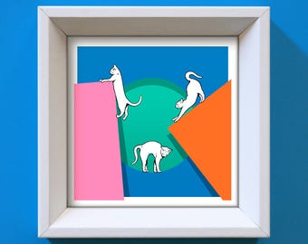 Minimalist Cat Art Print: Colorful Shapes, Modern Home Decor