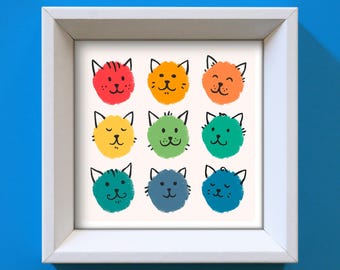 Colorful Cat Faces Art Print: Playful Kids Room Decor (Digital Download)