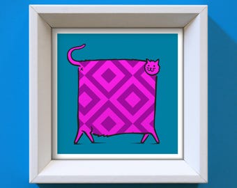 Purple Geometric Cat Art Print: Modern Whimsical Decor