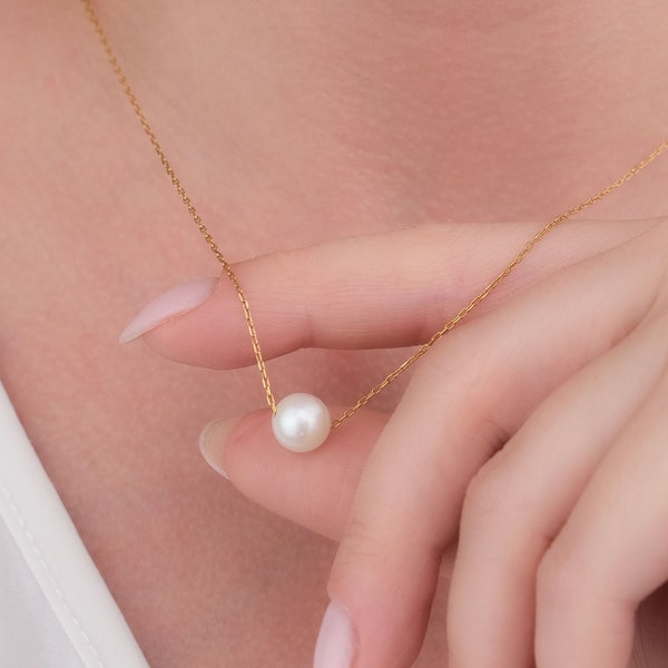 Collana di perle in oro massiccio 14k Collana di perle singole in oro Gioielli di perle Uso quotidiano Collana regalo per damigelle d'onore