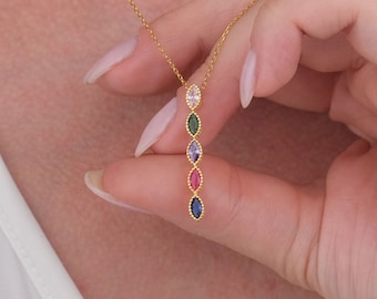 18k Birthstone Vertical Necklace, Family Birthstone Necklace, Multiple Birthstones Charm, Silver Birthstone Necklace