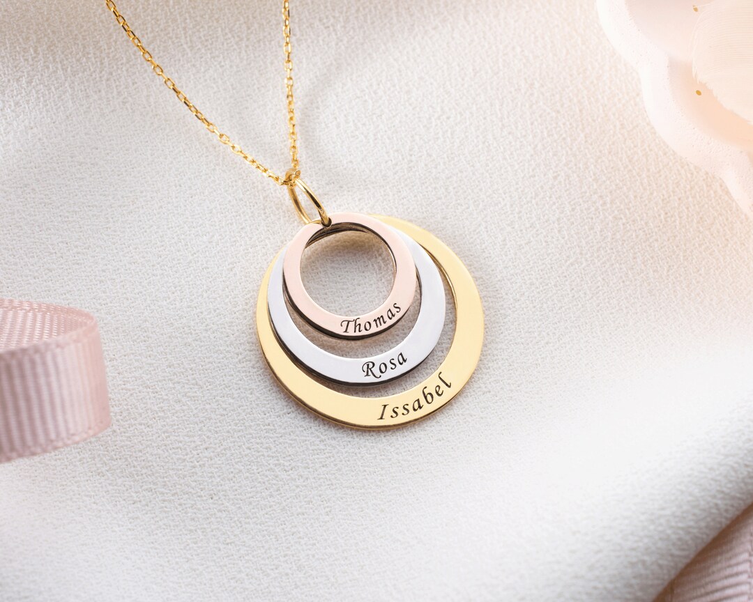 14k Solid Gold Custom Engraved Family Necklace, 14k Gold Circle