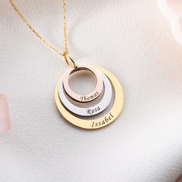 14k Solid Gold Custom Engraved Family Necklace, 14k Gold Circle Necklace, Children Names Necklace, Mother Day Gift, Mom Gift