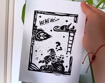 Linocut Christmas Card - Grinch and Santa
