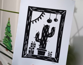 Linocut Christmas Card - Christmas Cactus