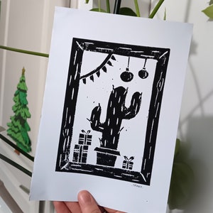 Carte de Noël Linogravure - Cactus de Noël