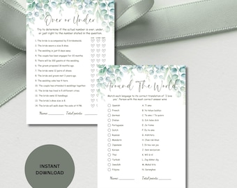 May include: Two printable wedding game cards with a watercolor eucalyptus design. One card is titled "Over or Under" and the other is "Around the World." The cards are light green and white with text. A gray circle with "Instant Download" is in the lower left.