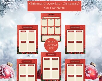 Puede incluir: Un conjunto de menús imprimibles de Navidad y Año Nuevo y listas de compras. Los diseños presentan un borde rojo con un tema festivo. El texto incluye "Christmas Grocery List" y "Instant Download PDF."