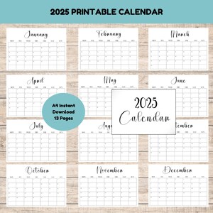 A4 Landscape Calendar Pages Bundle, Minimalist Themed, 12 Month Printable Calendar, 2025 Desk Calendar