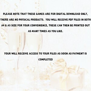 May include: Image with text stating digital downloads only, no physical products. Includes PDF files in A4 & A5 sizes. Access files upon payment completion. Features champagne glasses and a gift box.