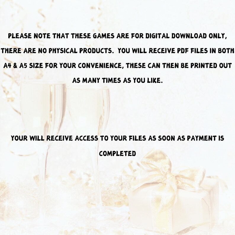 May include: Image with text stating digital downloads only, no physical products. Includes PDF files in A4 & A5 sizes. Access files upon payment completion. Features champagne glasses and a gift box.