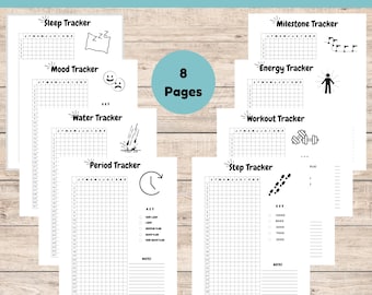 May include: Printable health tracker bundle with 8 pages. The pages include trackers for sleep, mood, water, period, energy, workout, steps, and milestones. Each page has a grid for tracking and a small icon representing the tracker.