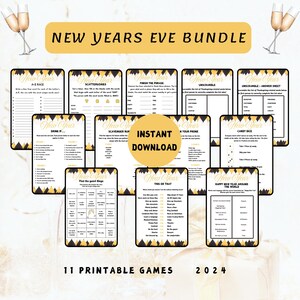 May include: A New Year's Eve bundle featuring 11 printable games with gold and black accents. The bundle includes games like Scattergories, Finish the Phrase, and Unscramble, with the text "Instant Download" in the center. The year 2024 is also displayed.