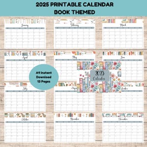 A4 Landscape Calendar Pages Bundle, Book Themed, 2025 Year Calendar, 12 Month Printable Calendar, Desk Calendar