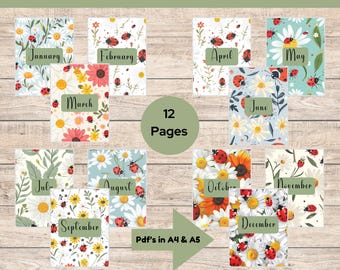 12 maandelijkse titelpagina'sbundel, gekleurd lieveheersbeestje-thema, premade Bujo afdrukbare maandelijkse titelpagina's, 12 maandelijkse tijdschriftpagina's, maandomslagen