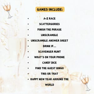 May include: A festive party game list with the text "GAMES INCLUDE:" in a yellow box. The list includes games like "A-Z RACE", "SCATTERGORIES", and "HAPPY NEW YEAR AROUND THE WORLD". Champagne glasses are in the background.