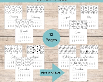Bundel 12 maandelijkse titelpagina's, doodle bloementhema, premade Bujo afdrukbare maandelijkse titelpagina's, 12 maandelijkse omslagtijdschriftpagina's, kalender